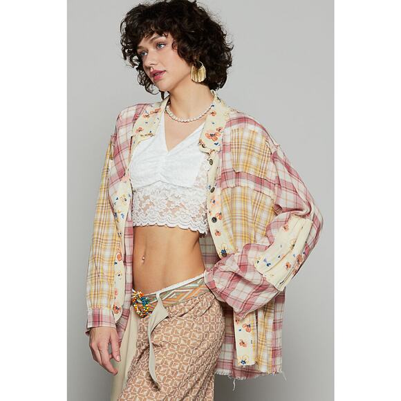 POL Mauve Size Medium Full Sleeve Floral Pattern Woven Plaid Shirt - Picture 3 of 5